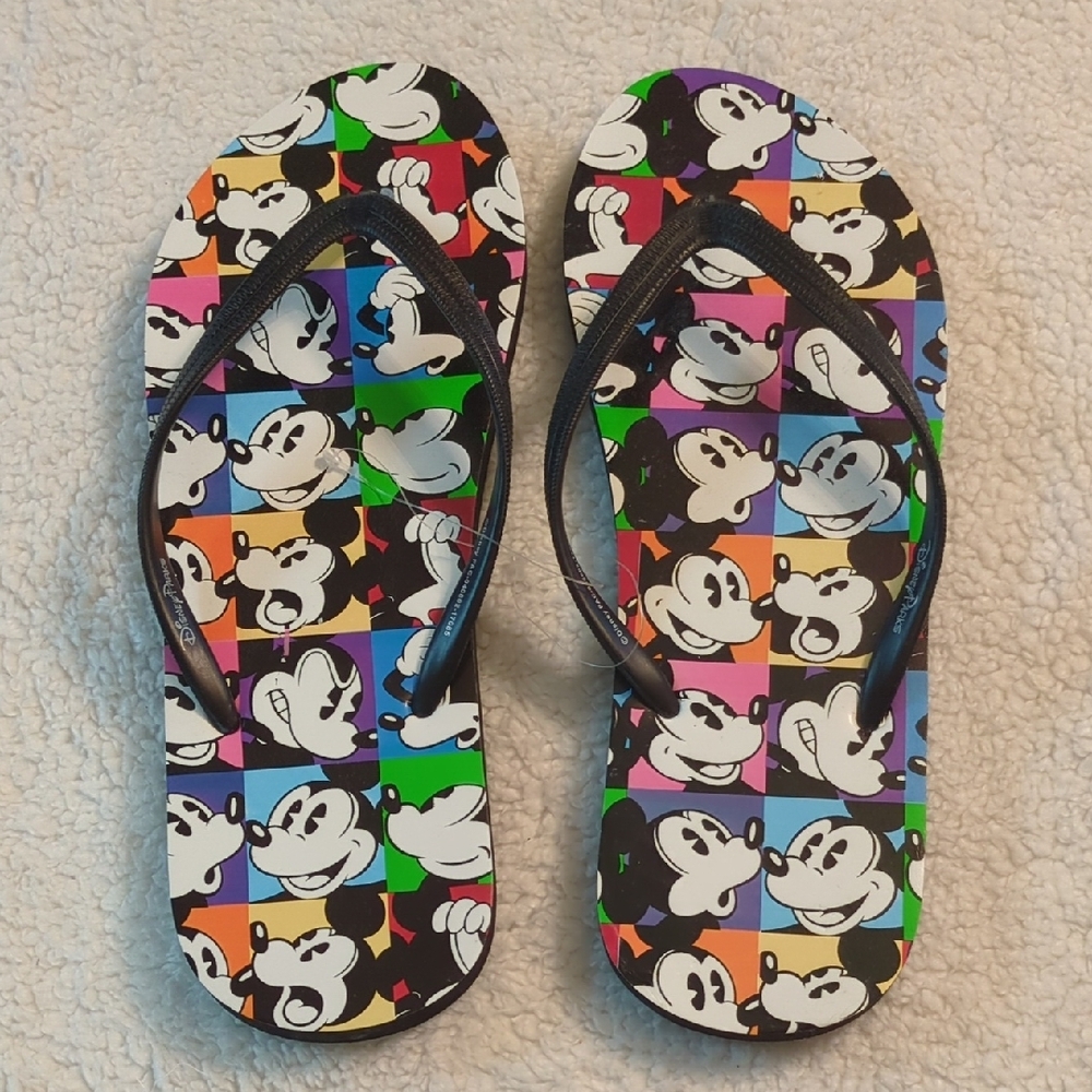 DisneyParks Black Strap Flip Flops with Multicolor Mickey Print NWOT - Picture 5 of 5